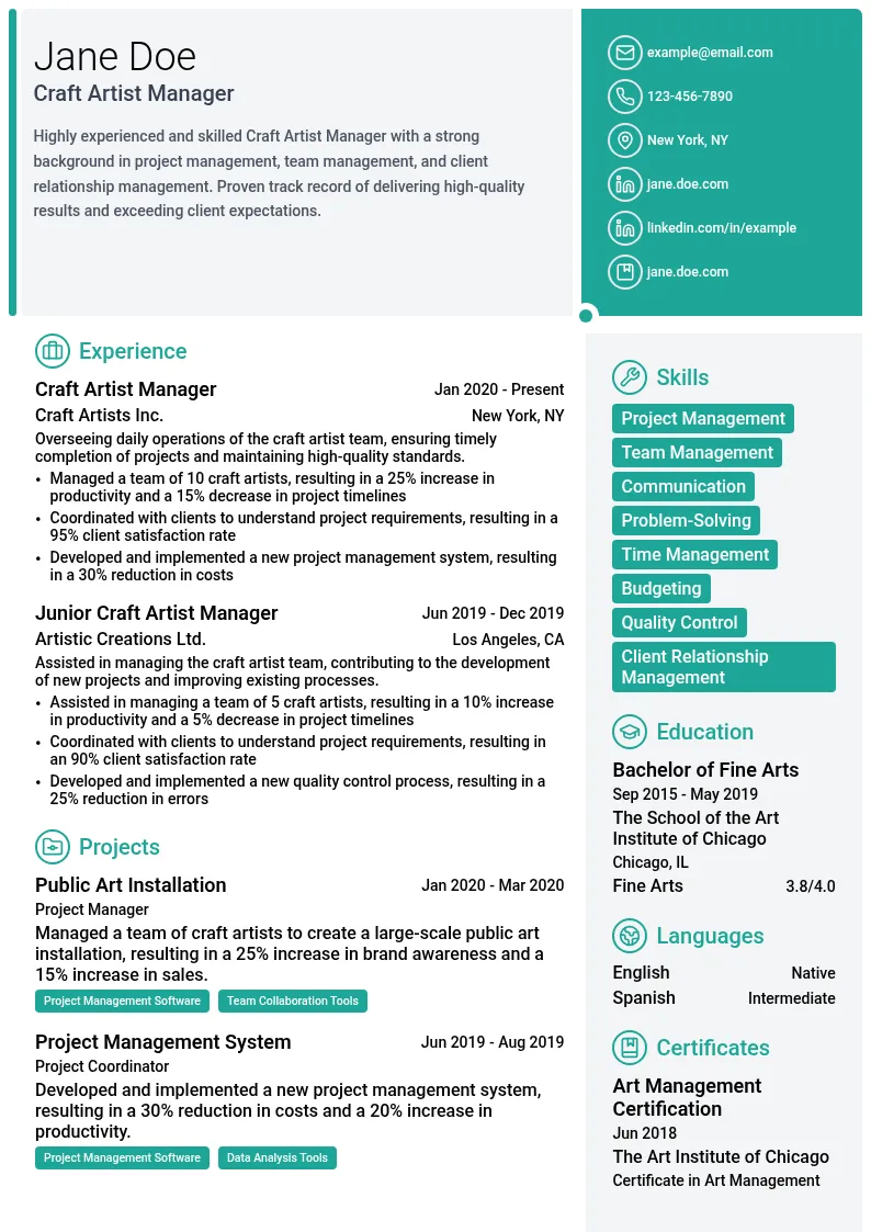 Craft Artist Manager resume example