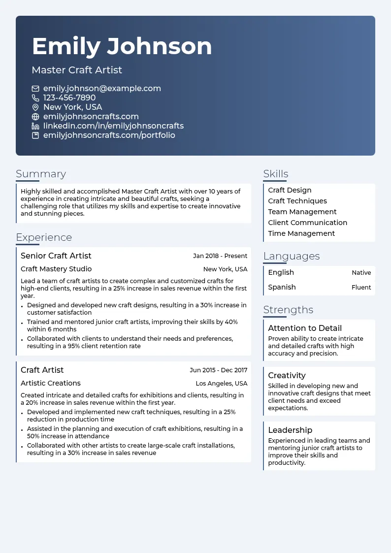 Master Craft Artist resume example