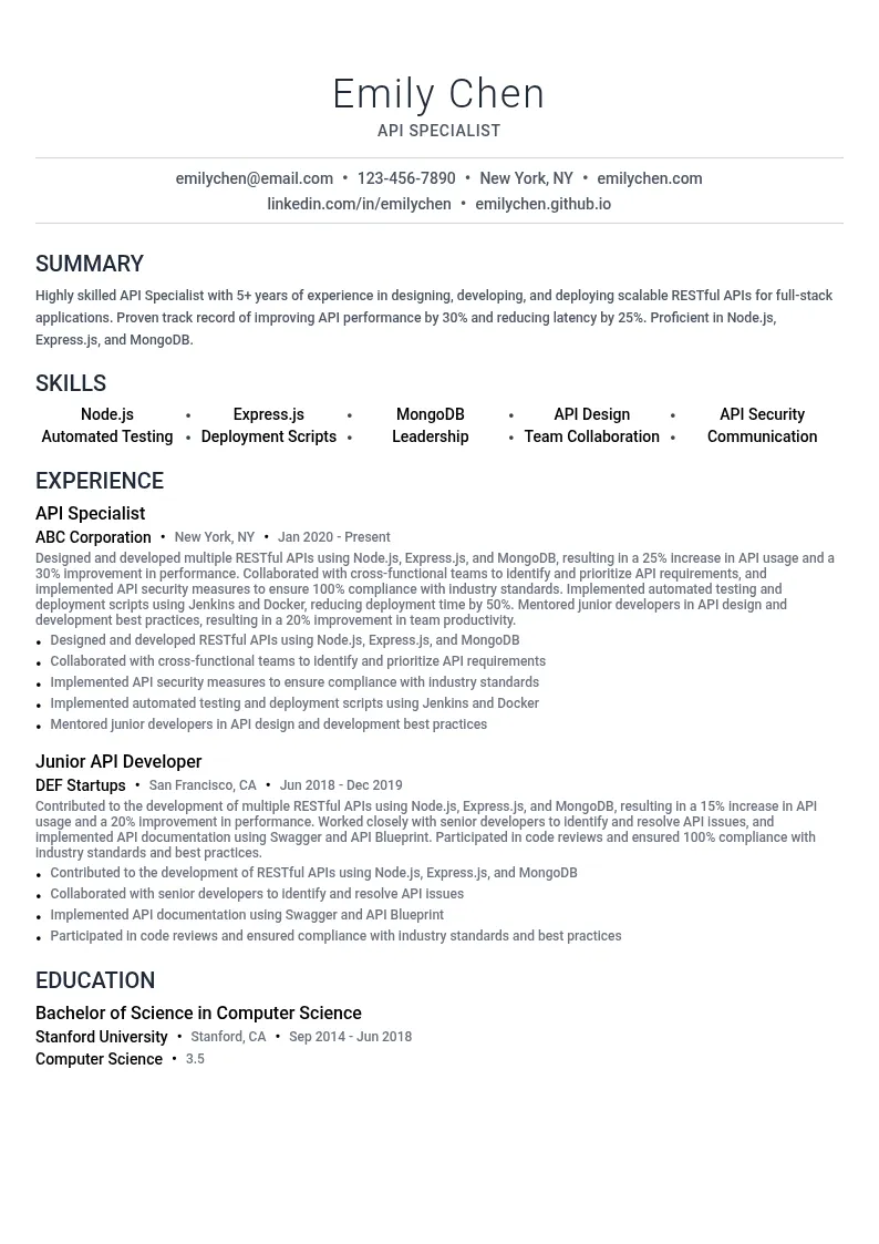 API Specialist resume example