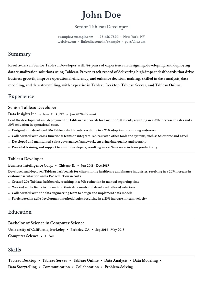 Senior Tableau Developer resume example