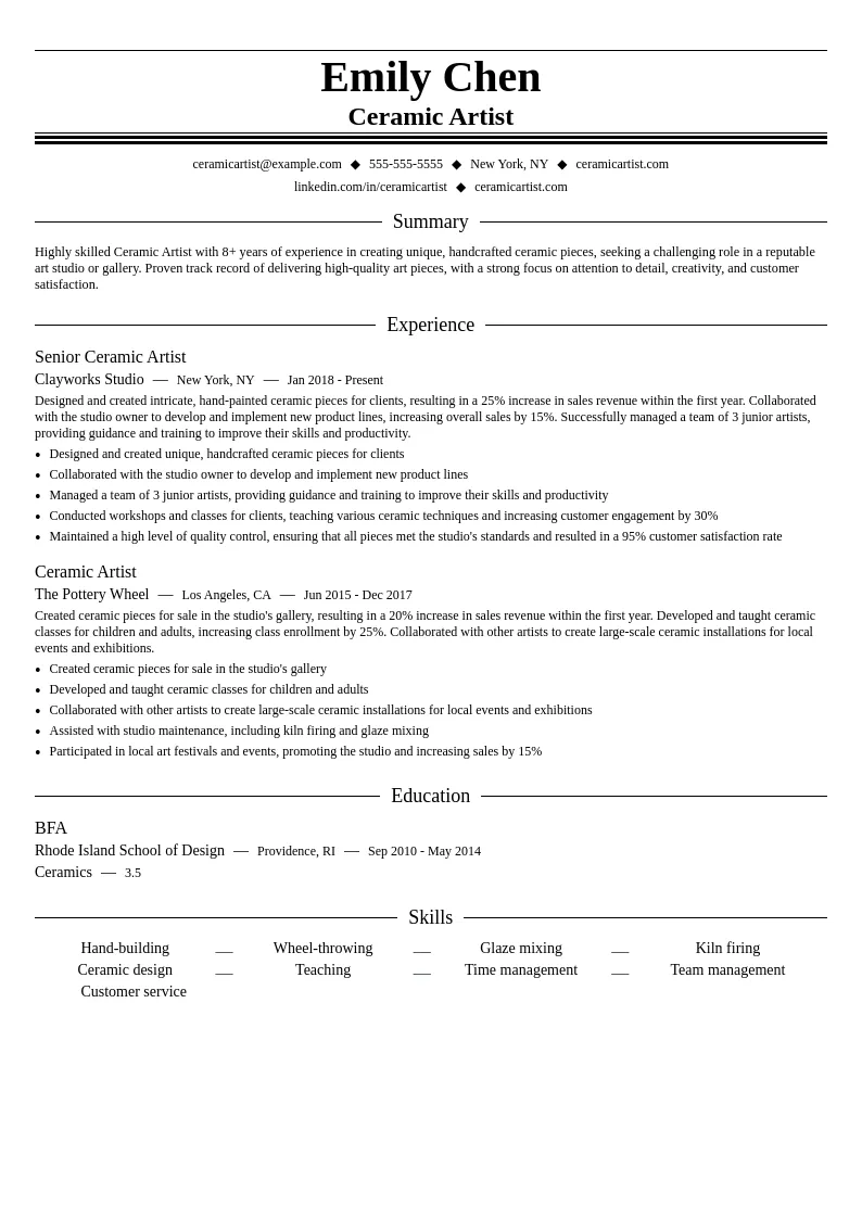 Ceramic Artist resume example