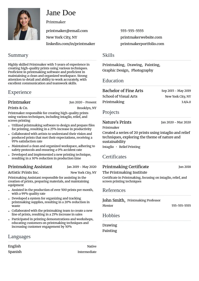 Printmaker resume example