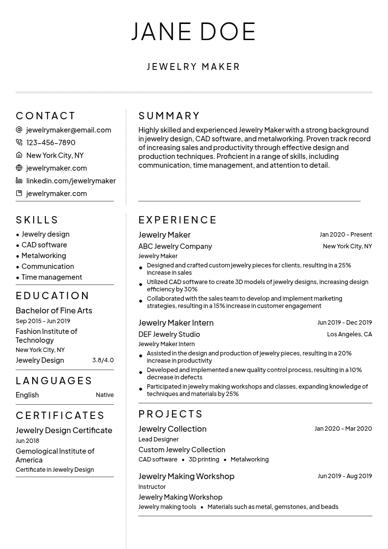 Jewelry Maker resume example