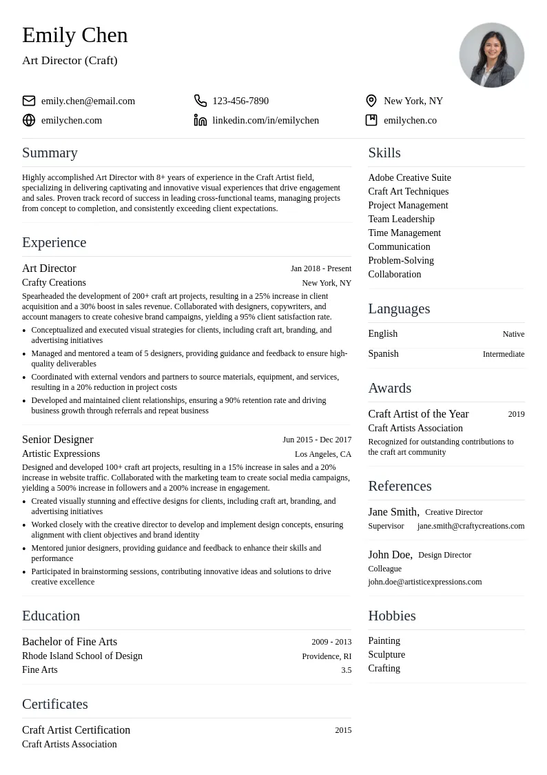 Art Director (Craft) resume example