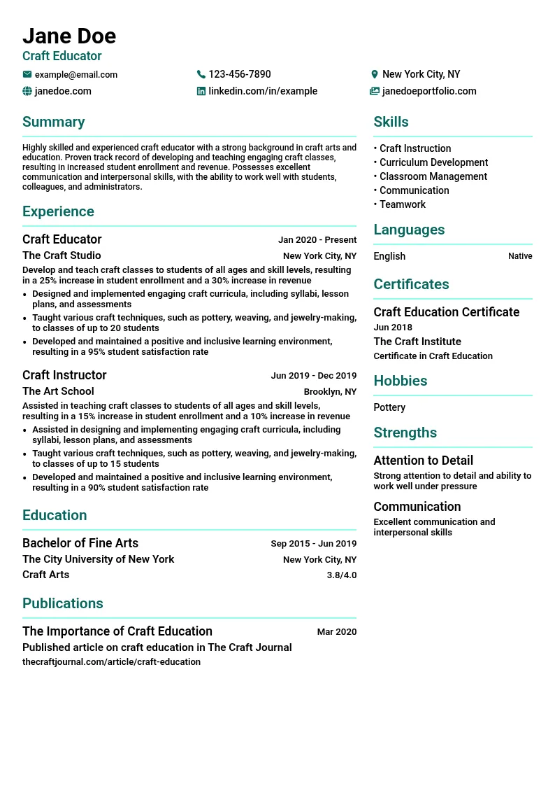 Craft Educator resume example