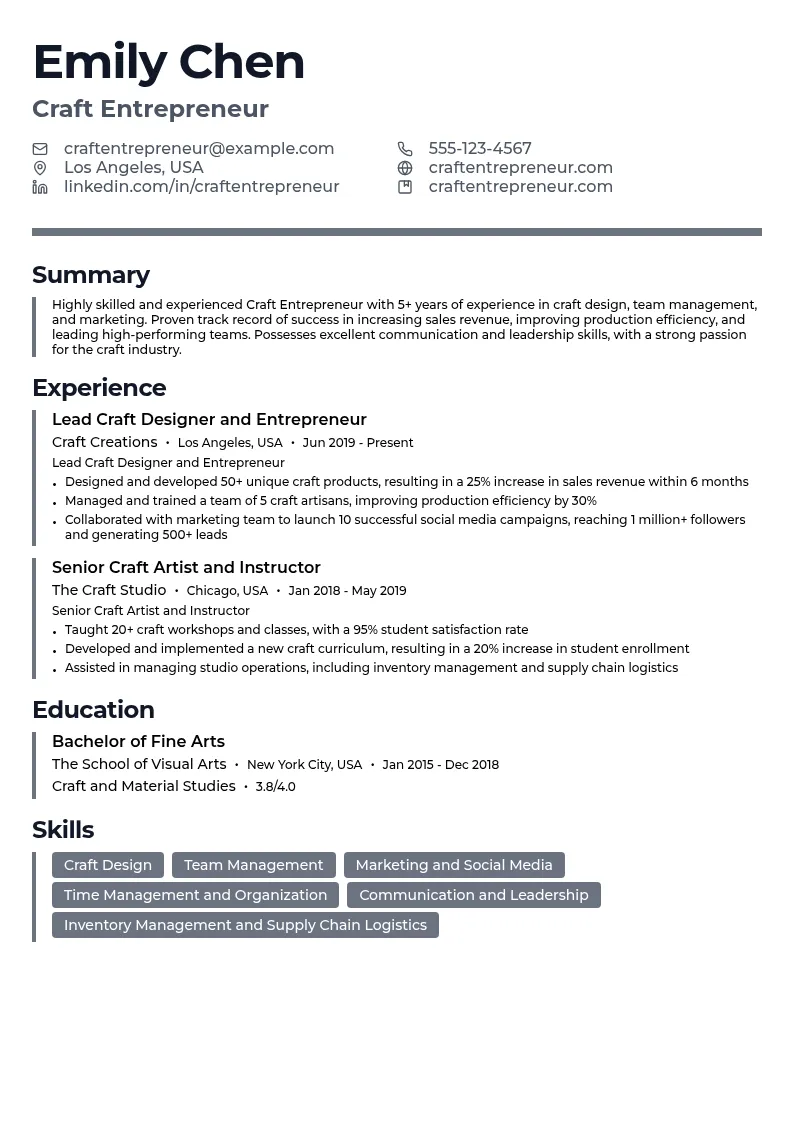 Craft Entrepreneur resume example