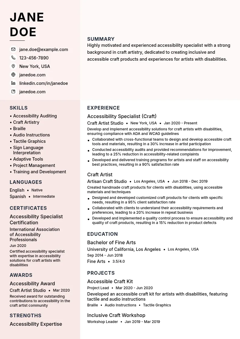 Accessibility Specialist (Craft) resume example
