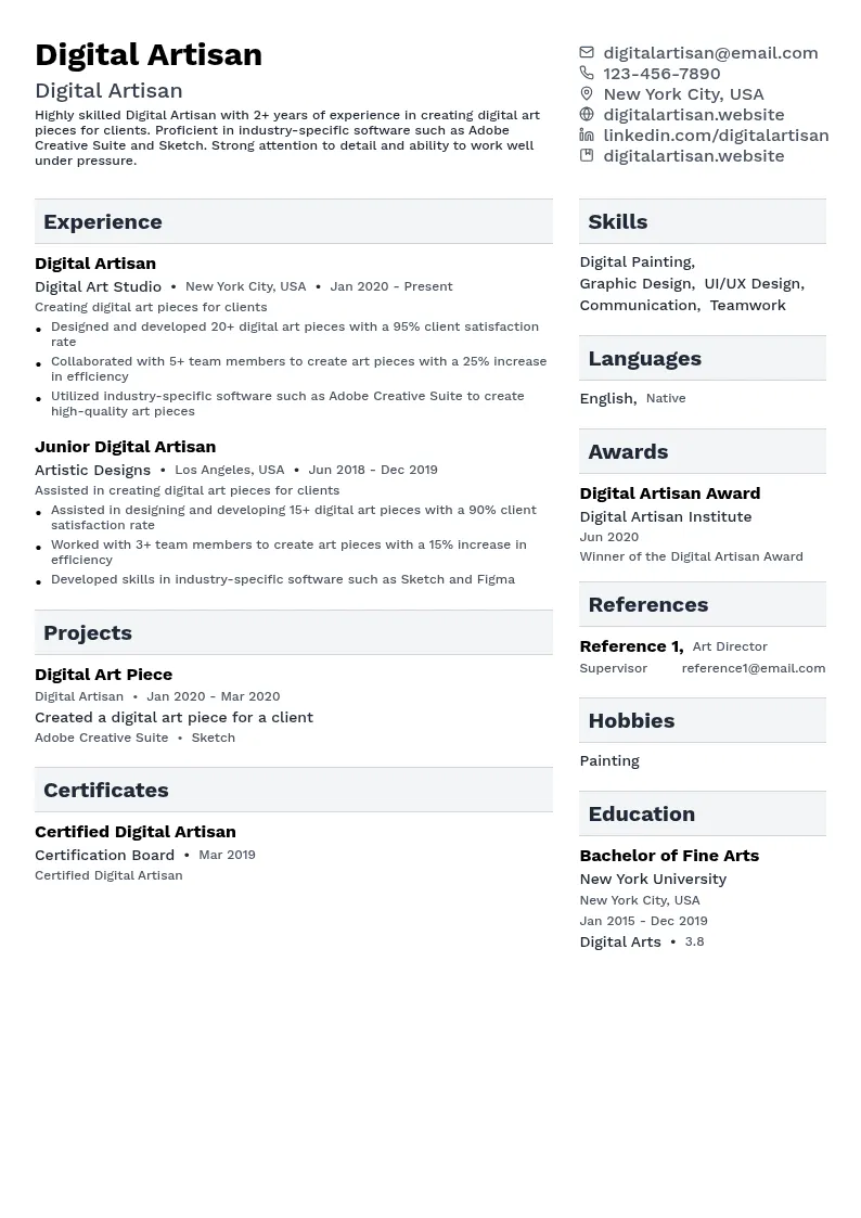 Digital Artisan resume example