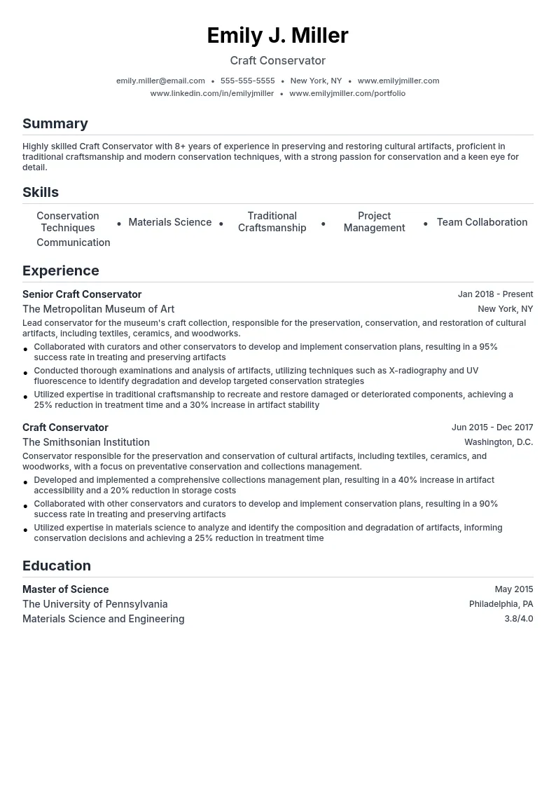Craft Conservator resume example