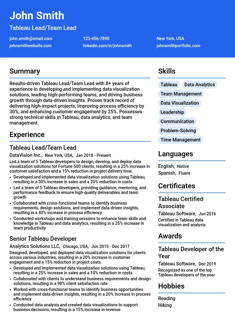 Tableau Lead/Team Lead resume example