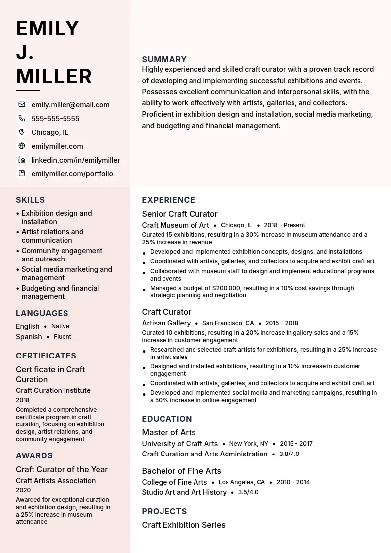 Craft Curator resume example