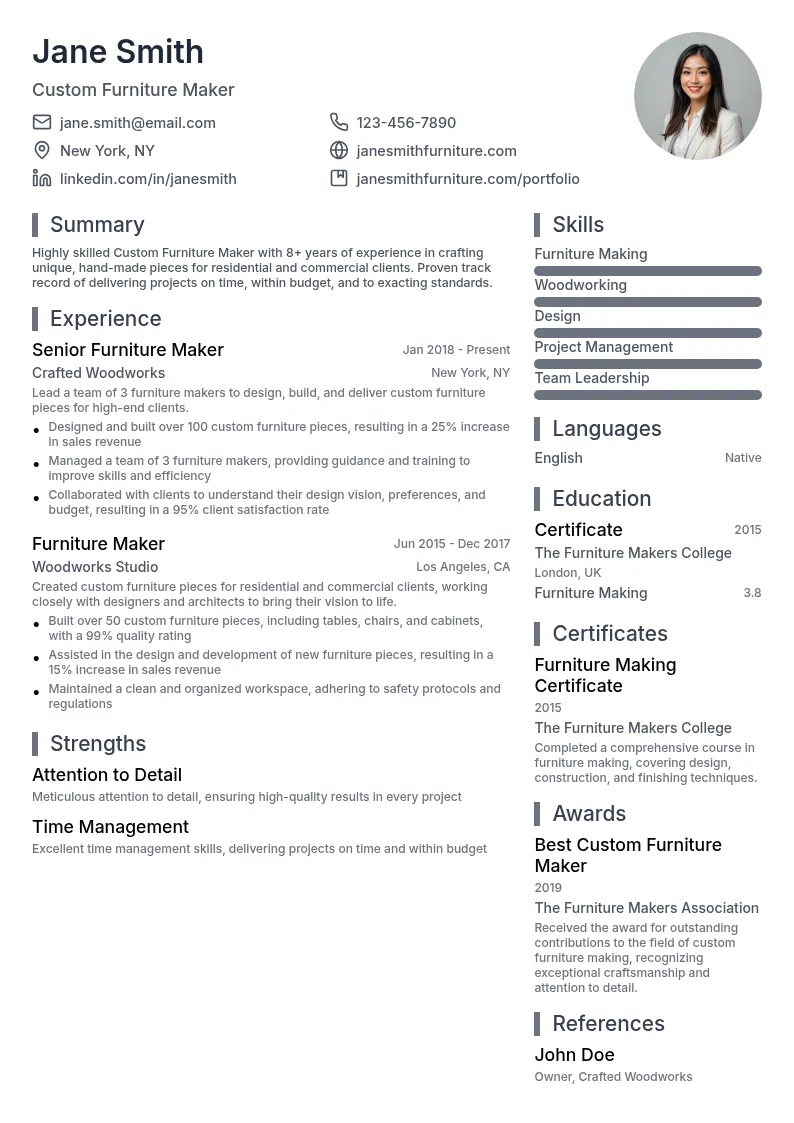 Custom Furniture Maker resume example