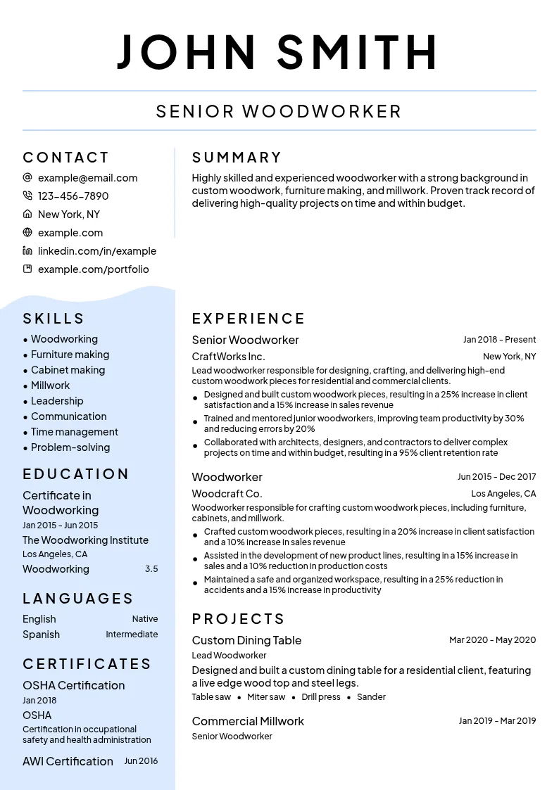 Woodworker (Craft) resume example