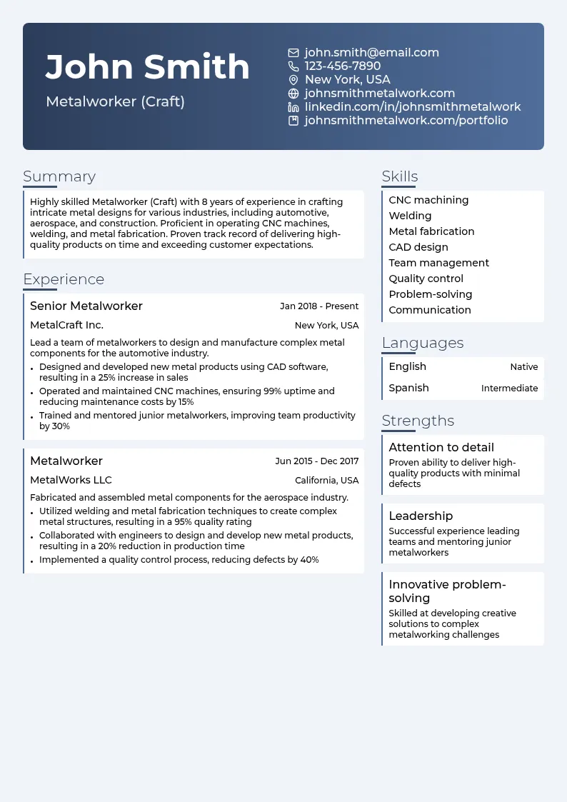 Metalworker (Craft) resume example