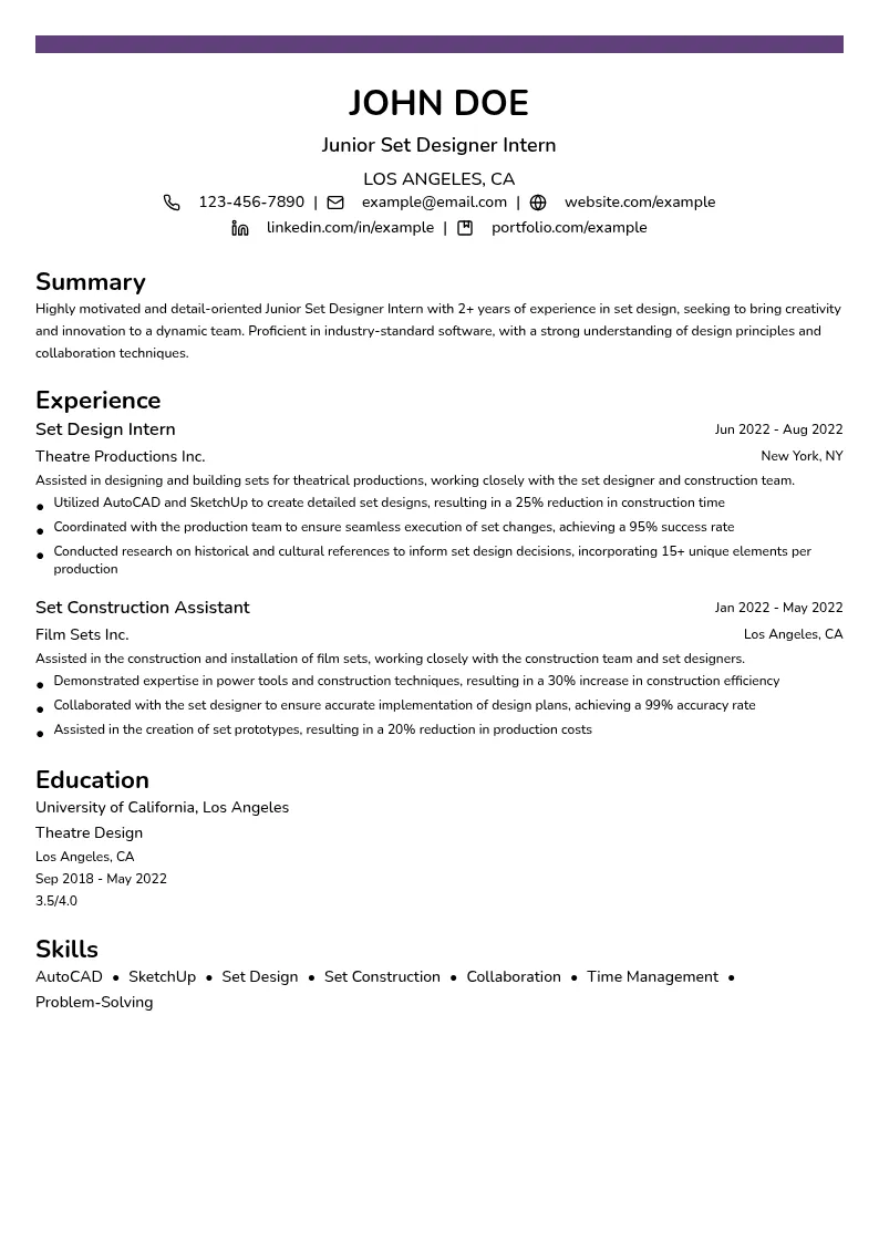 Junior Set Designer Intern resume example