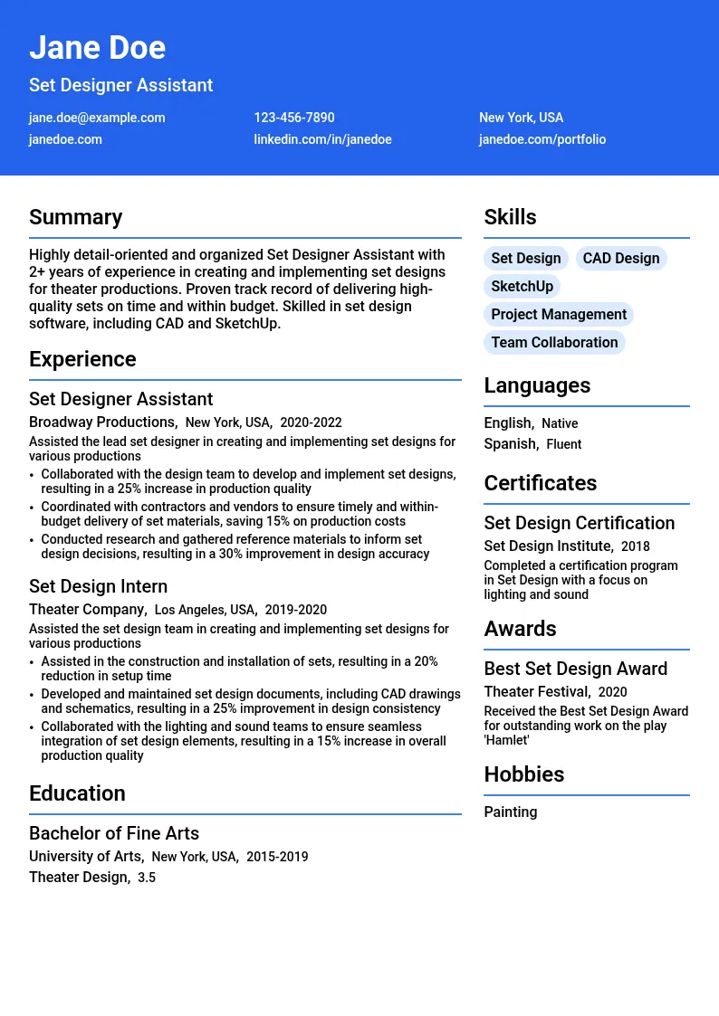 Set Designer Assistant resume example
