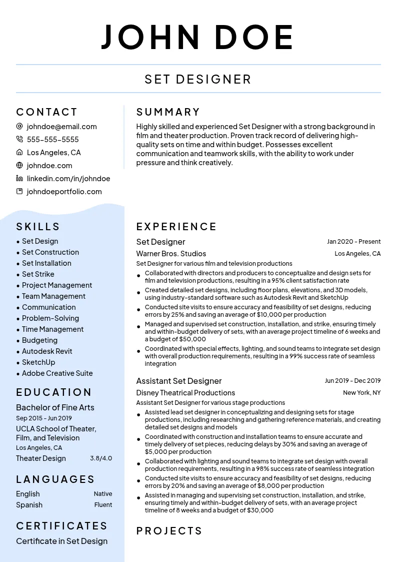 Set Designer resume example