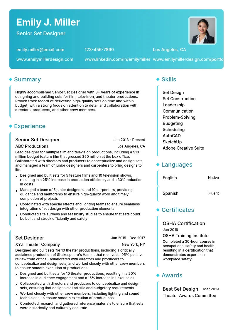 Senior Set Designer resume example