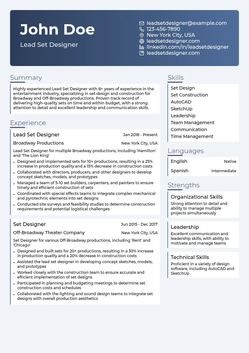 Lead Set Designer resume example
