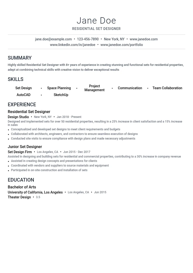 Residential Set Designer resume example