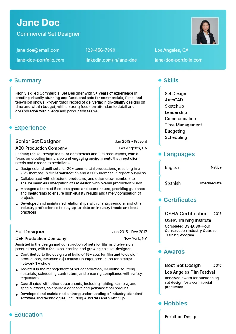Commercial Set Designer resume example