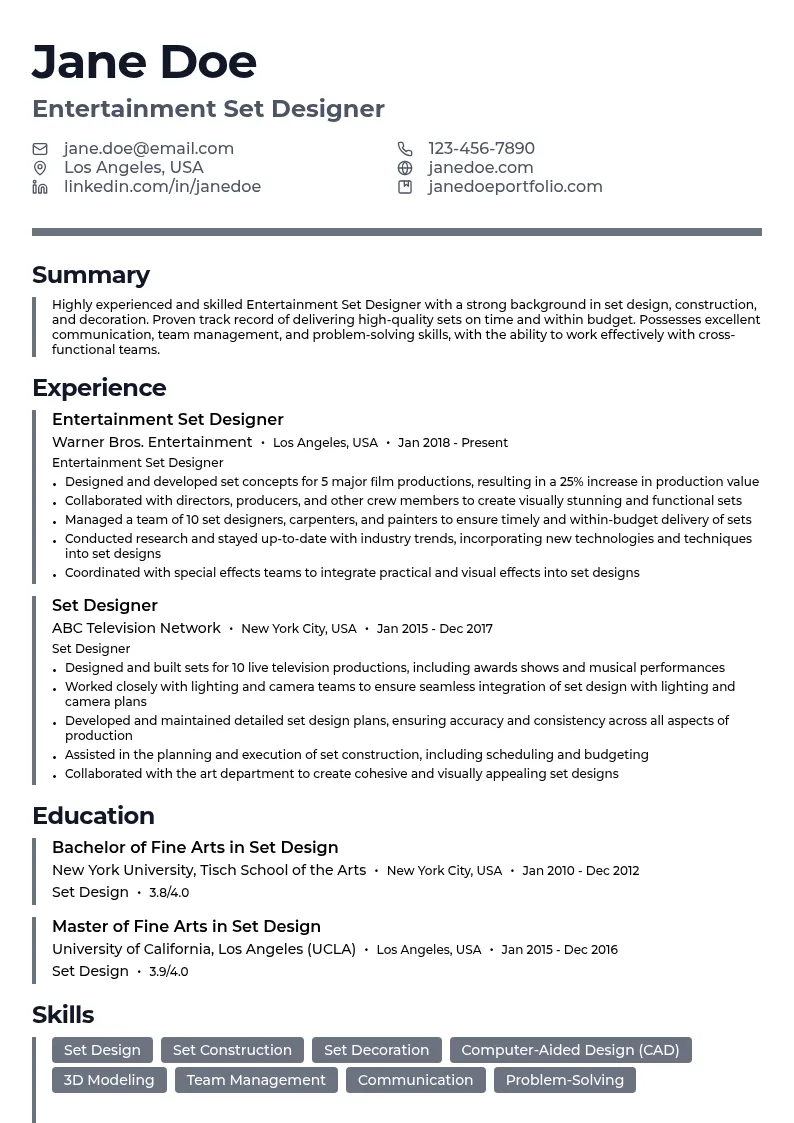 Entertainment Set Designer resume example