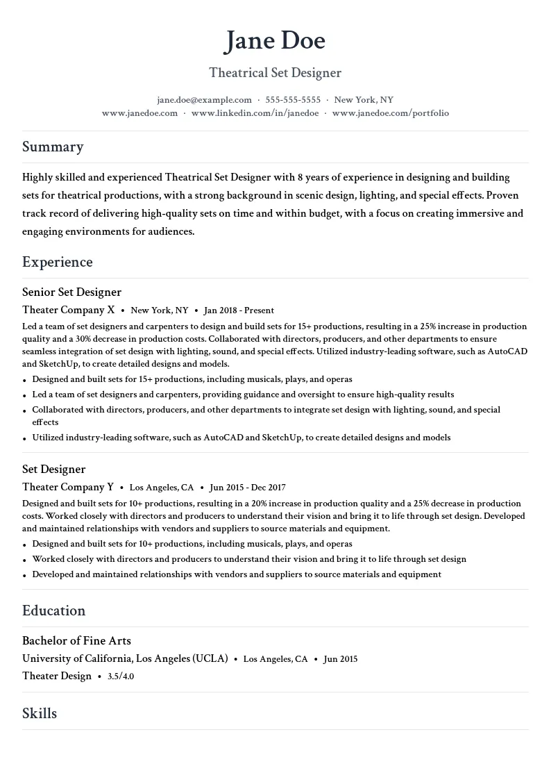 Theatrical Set Designer resume example