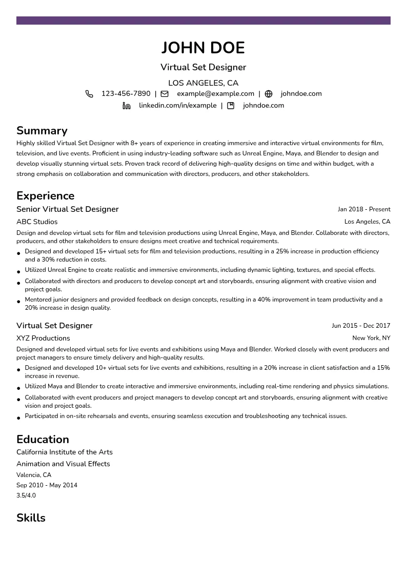 Virtual Set Designer resume example