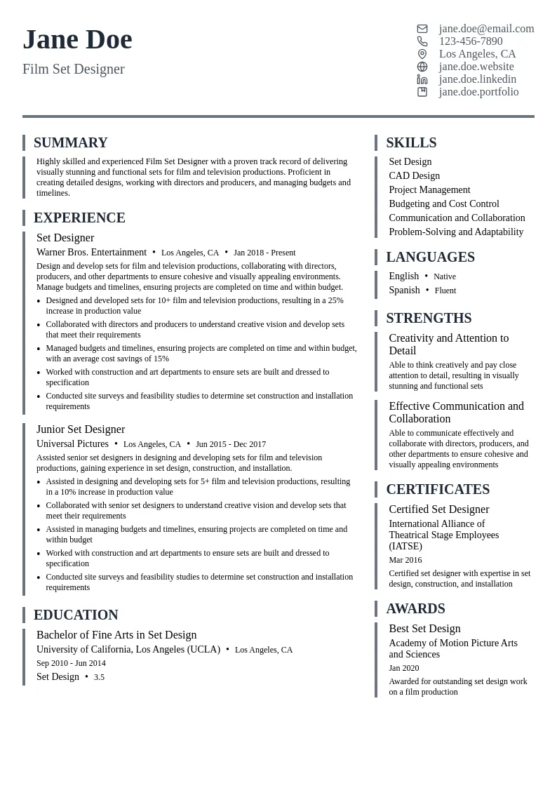 Film Set Designer resume example