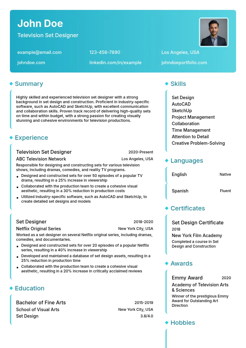 Television Set Designer resume example