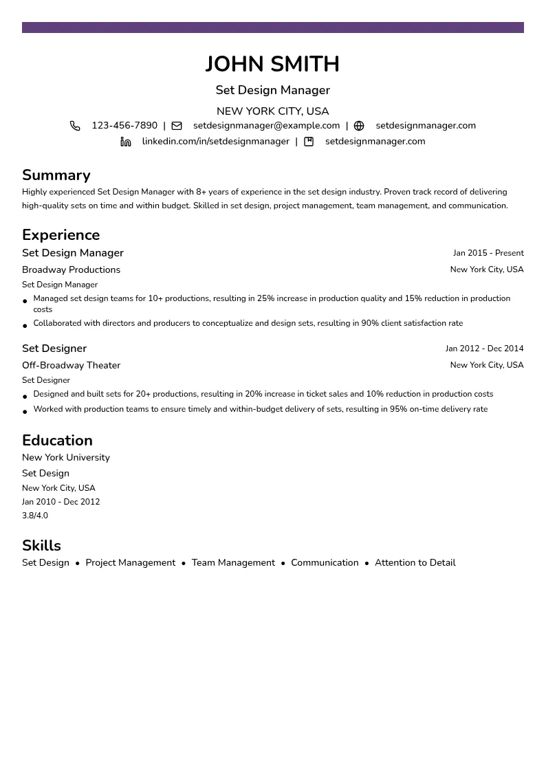 Set Design Manager resume example