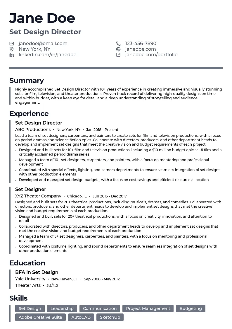 Set Design Director resume example