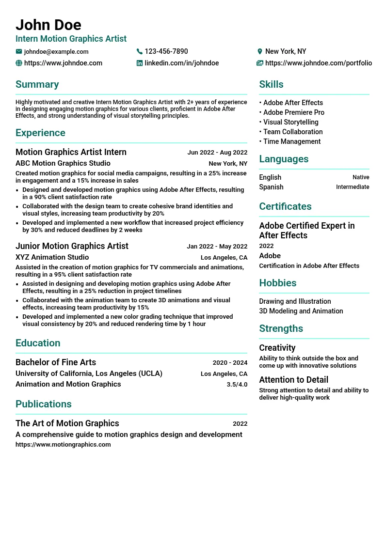 Intern Motion Graphics Artist resume example