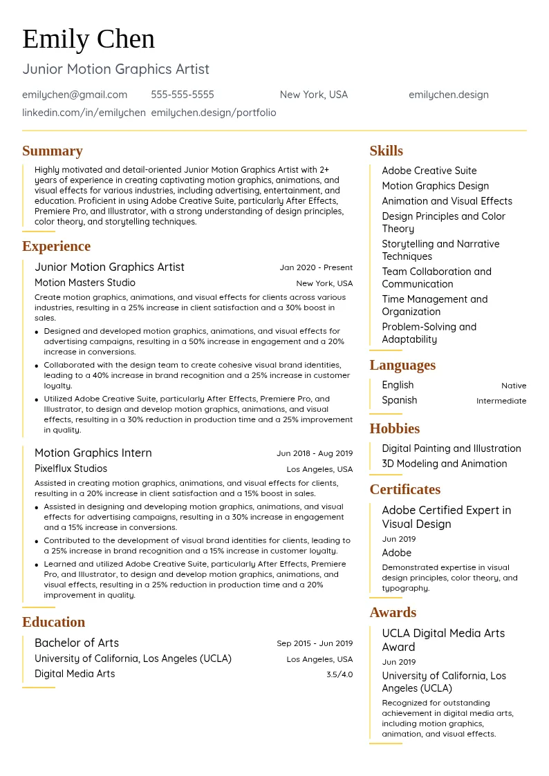 Junior Motion Graphics Artist resume example