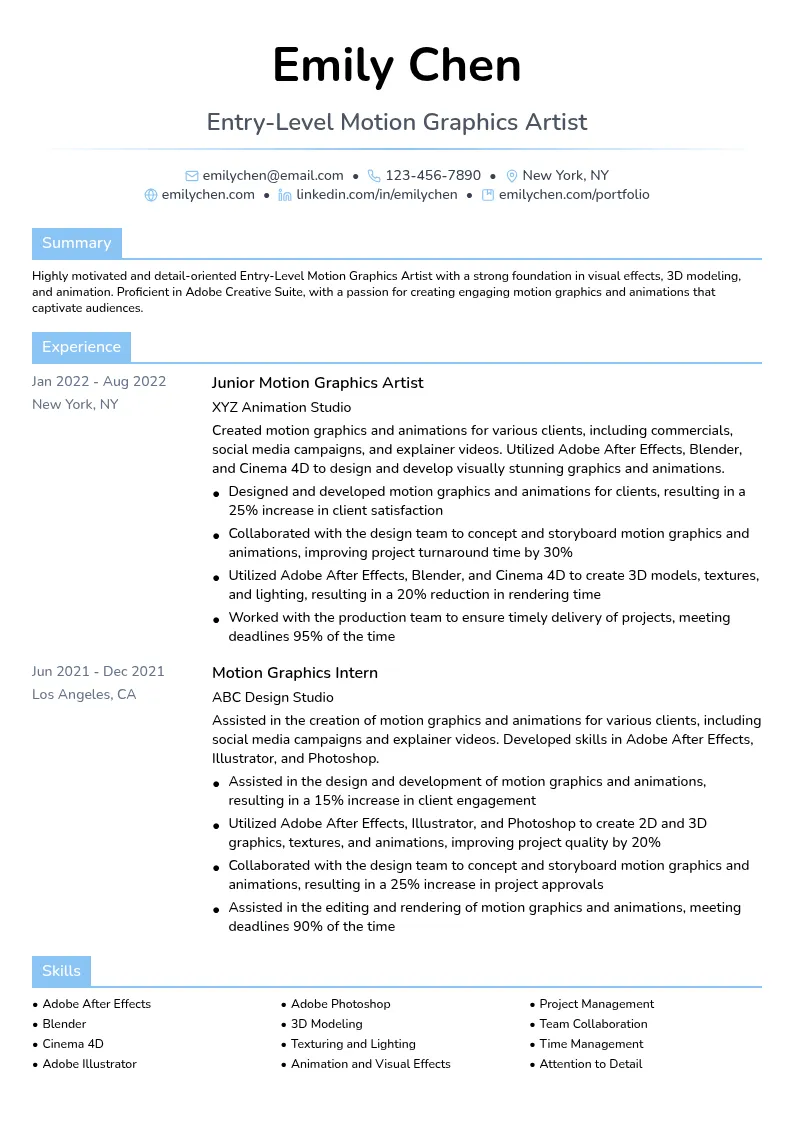 Entry-Level Motion Graphics Artist resume example