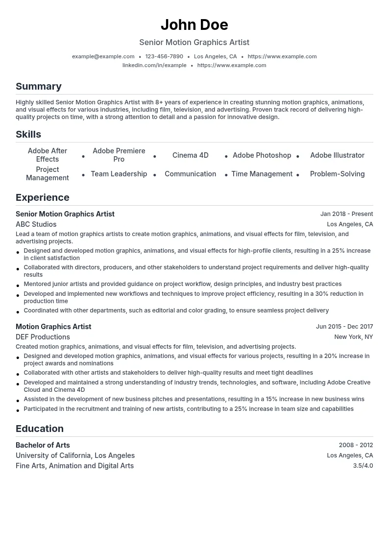 Senior Motion Graphics Artist resume example