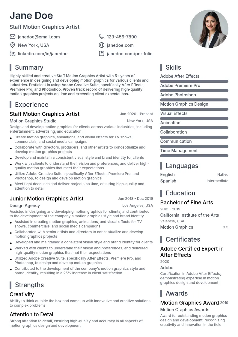 Staff Motion Graphics Artist resume example