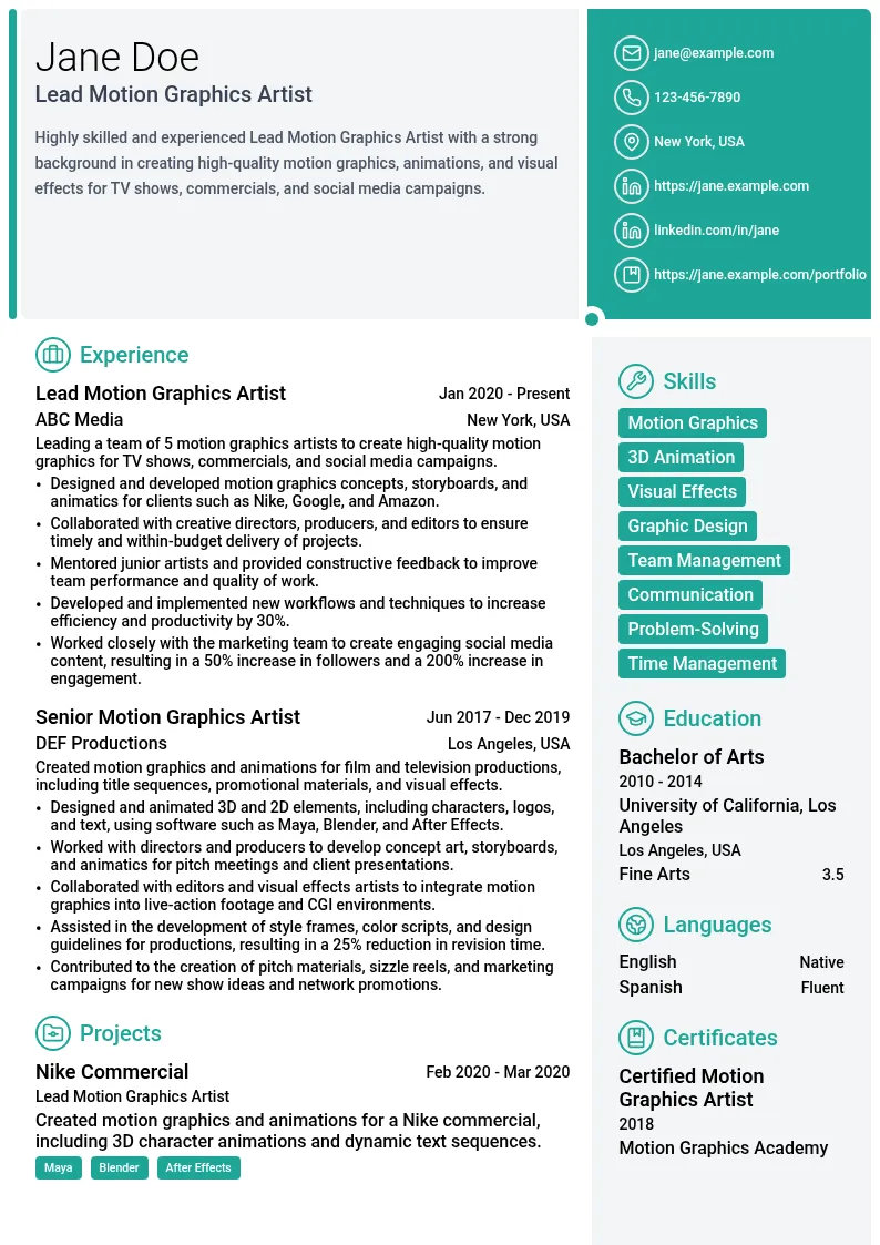 Lead Motion Graphics Artist resume example