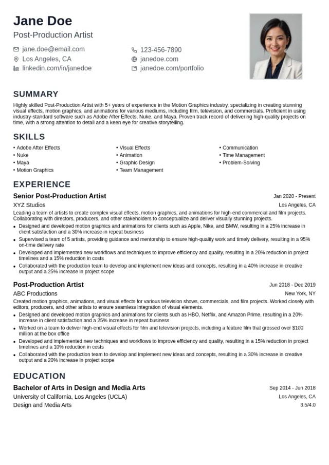 Post-Production Artist resume example