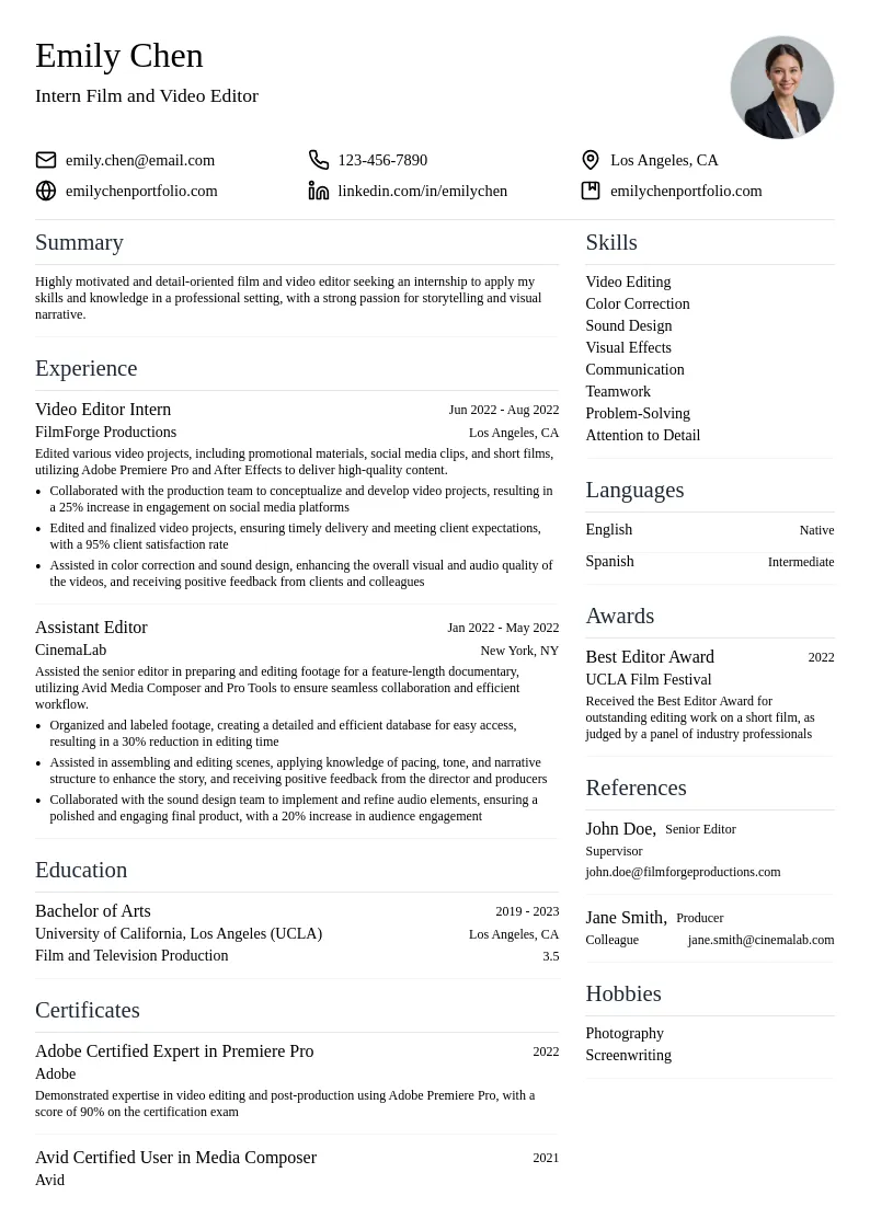 Intern Film and Video Editor resume example