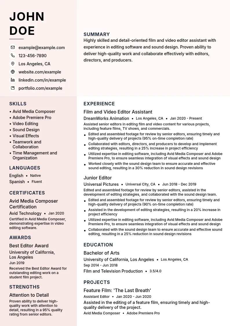 Film and Video Editor Assistant resume example