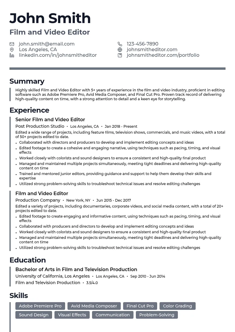 Film and Video Editor resume example