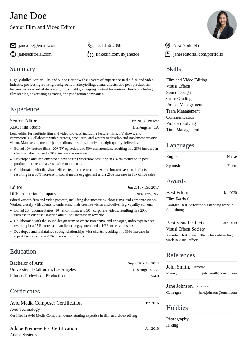 Senior Film and Video Editor resume example