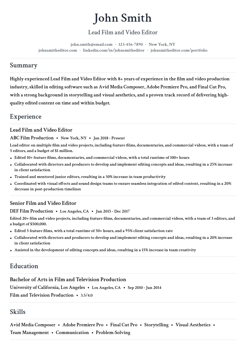 Lead Film and Video Editor resume example