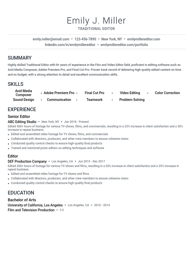 Traditional Editor resume example