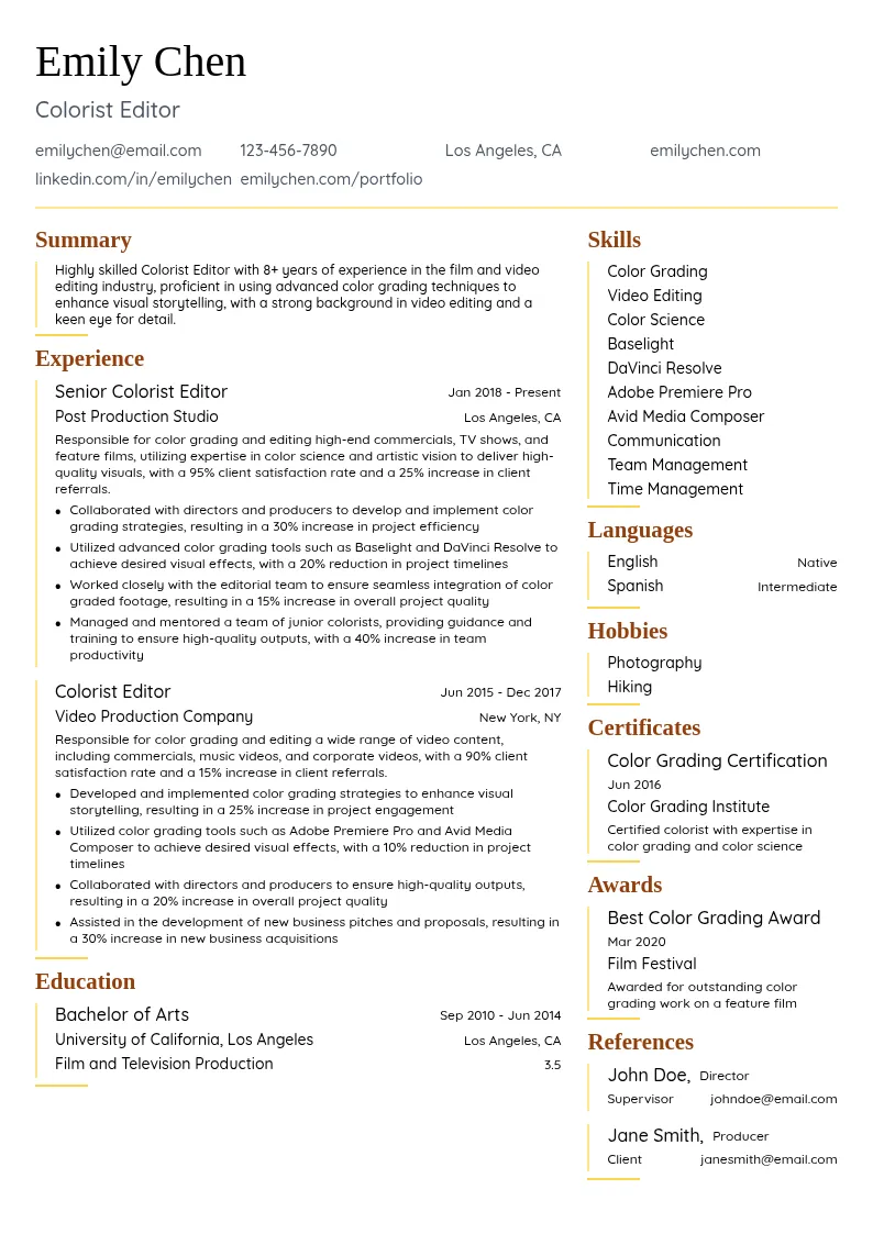 Colorist Editor resume example