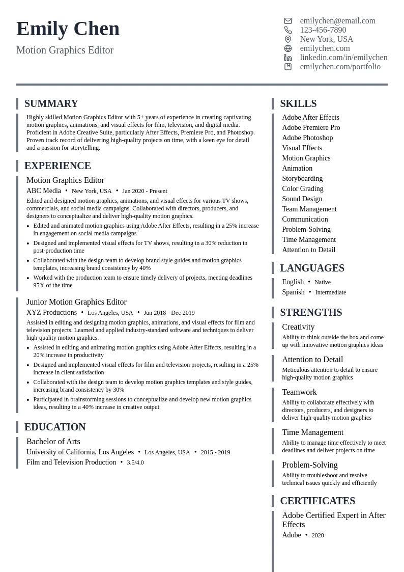 Motion Graphics Editor resume example