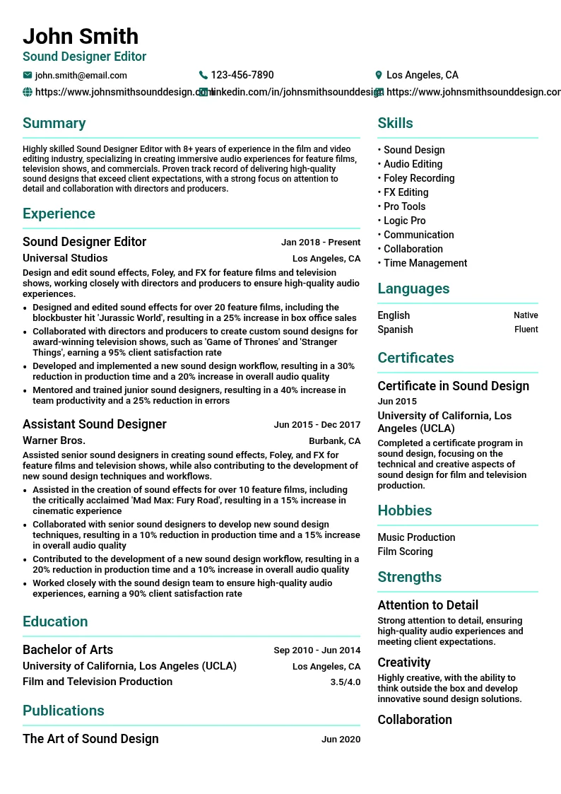 Sound Designer Editor resume example