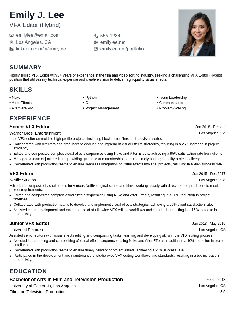 VFX Editor (Hybrid) resume example