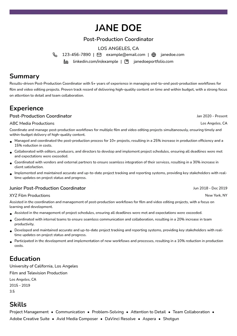 Post-Production Coordinator resume example